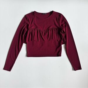 ZARA Ruffle Tiered Burgundy Long Sleeve Blouse Size Small